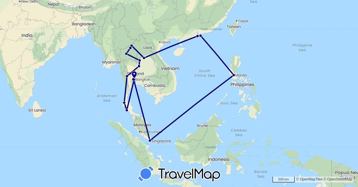 TravelMap itinerary: driving in China, Laos, Philippines, Singapore, Thailand (Asia)
